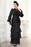 Fırfır Detaylı Siyah Tesettür Abiye Elbise 50271S