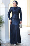 Payet Boncuk İşlemeli Lacivert Tesettür Abiye Elbise 52057L