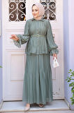Pileli Çağla Yeşili Tesettür Etekli İkili Takım 4478CY