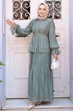 Pileli Çağla Yeşili Tesettür Etekli İkili Takım 4478CY