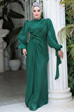 Drape Detaylı Zümrüt Yeşili Tesettür Abiye Elbise 52285ZY