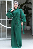 Drape Detaylı Zümrüt Yeşili Tesettür Abiye Elbise 52285ZY
