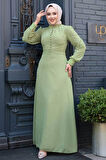 Düğme Detaylı Fıstık Yeşili Tesettür Elbise 2703FY