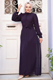 Düğme Detaylı Koyu Mor Tesettür Elbise 2703KMOR