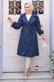 Kemerli Lacivert Tesettür Trençkot 62181L