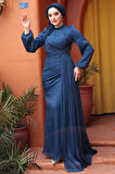 Drape Detaylı Koyu İndigo Mavisi Tesettür Abiye Elbise 52585KIM