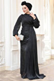 Drape Detaylı Siyah Tesettür Abiye Elbise 52585S