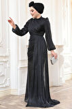 Drape Detaylı Siyah Tesettür Abiye Elbise 52585S