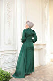 Drape Detaylı Yeşil Tesettür Abiye Elbise 52585Y