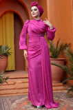 Drape Detaylı Fuşya Tesettür Abiye Elbise 52585F