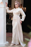 Drape Detaylı Bej Tesettür Abiye Elbise 52585BEJ