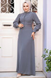 Düğme Detaylı Füme Tesettür Elbise 2703FU