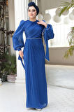 Drape Detaylı Sax Mavisi Tesettür Abiye Elbise 50193SX