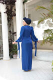 Drape Detaylı Sax Mavisi Tesettür Abiye Elbise 50193SX