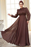 Drape Detaylı Kahverengi Tesettür Abiye Elbise 51072KH