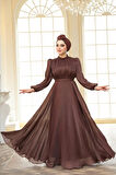 Drape Detaylı Kahverengi Tesettür Abiye Elbise 51072KH