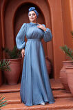 Drape Detaylı Mavi Tesettür Abiye Elbise 51072M