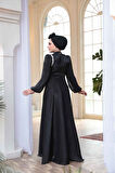 Drape Detaylı Siyah Tesettür Abiye Elbise 51641S