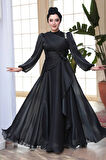Drape Detaylı Siyah Tesettür Abiye Elbise 51641S