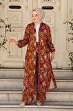 Desenli Turuncu Tesettür İkili Kimono Takım 12885T