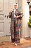 Desenli Sax Mavisi Tesettür İkili Kimono Takım 12885SX