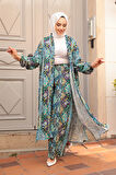 Desenli Mavi Tesettür İkili Kimono Takım 12885M