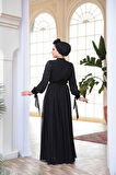 Boncuk İşlemeli Siyah Tesettür Abiye Elbise 25913S