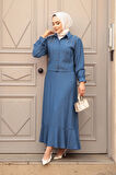 Düğmeli İndigo Mavisi Tesettür Etekli İkili Takım 44741IM