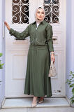 Fermuarlı Haki Tesettür Etekli İkili Takım 44751HK