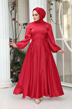  Balon Kol Kırmızı Saten Tesettür Abiye Elbise 61501K