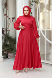  Balon Kol Kırmızı Saten Tesettür Abiye Elbise 61501K