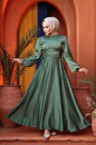  Balon Kol Çağla Yeşili Saten Tesettür Abiye Elbise 61501CY