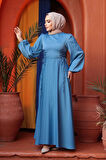  Balon Kol Mavi Saten Tesettür Abiye Elbise 61501M