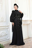  Boncuk İşlemeli Siyah Tesettür Abiye Elbise 5283S