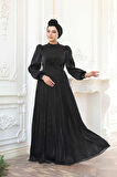 Boncuk Detaylı Siyah Tesettür Abiye Elbise 52751S