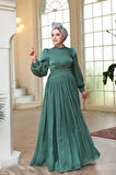 Boncuk Detaylı Koyu Çağla Yeşili Tesettür Abiye Elbise 52751KCY