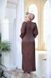 Drape Detaylı Koyu Kahverengi Tesettür Abiye Elbise 50193KKH