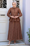 Düğmeli Kahverengi Tesettür Etekli İkili Takım 14334KH