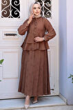 Düğmeli Kahverengi Tesettür Etekli İkili Takım 14334KH