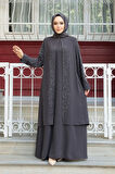 Boncuk İşlemeli Füme Tesettür Abaya 29132FU