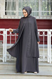 Boncuk İşlemeli Füme Tesettür Abaya 29132FU