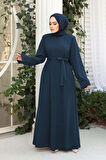 Boncuk İşlemeli İndigo Mavisi Tesettür Abaya 29117IM