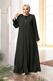 Boncuk İşlemeli Haki Tesettür Ferace 29123HK