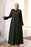 Boncuk İşlemeli Haki Tesettür Ferace 29123HK