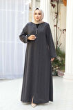 Boncuk İşlemeli Füme Tesettür Ferace 29122FU