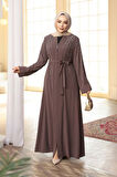 Boncuk İşlemeli Açık Kahverengi Tesettür Abaya 29111AKH