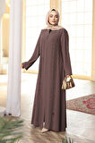 Boncuk İşlemeli Açık Kahverengi Tesettür Abaya 29113AKH