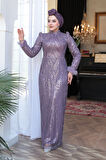  Boncuk İşlemeli Lila Tesettür Abiye Elbise 51351LILA