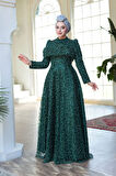  Boncuk İşlemeli Zümrüt Yeşili Tesettür Abiye Elbise 51292ZY