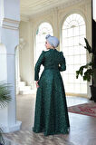  Boncuk İşlemeli Zümrüt Yeşili Tesettür Abiye Elbise 51292ZY
